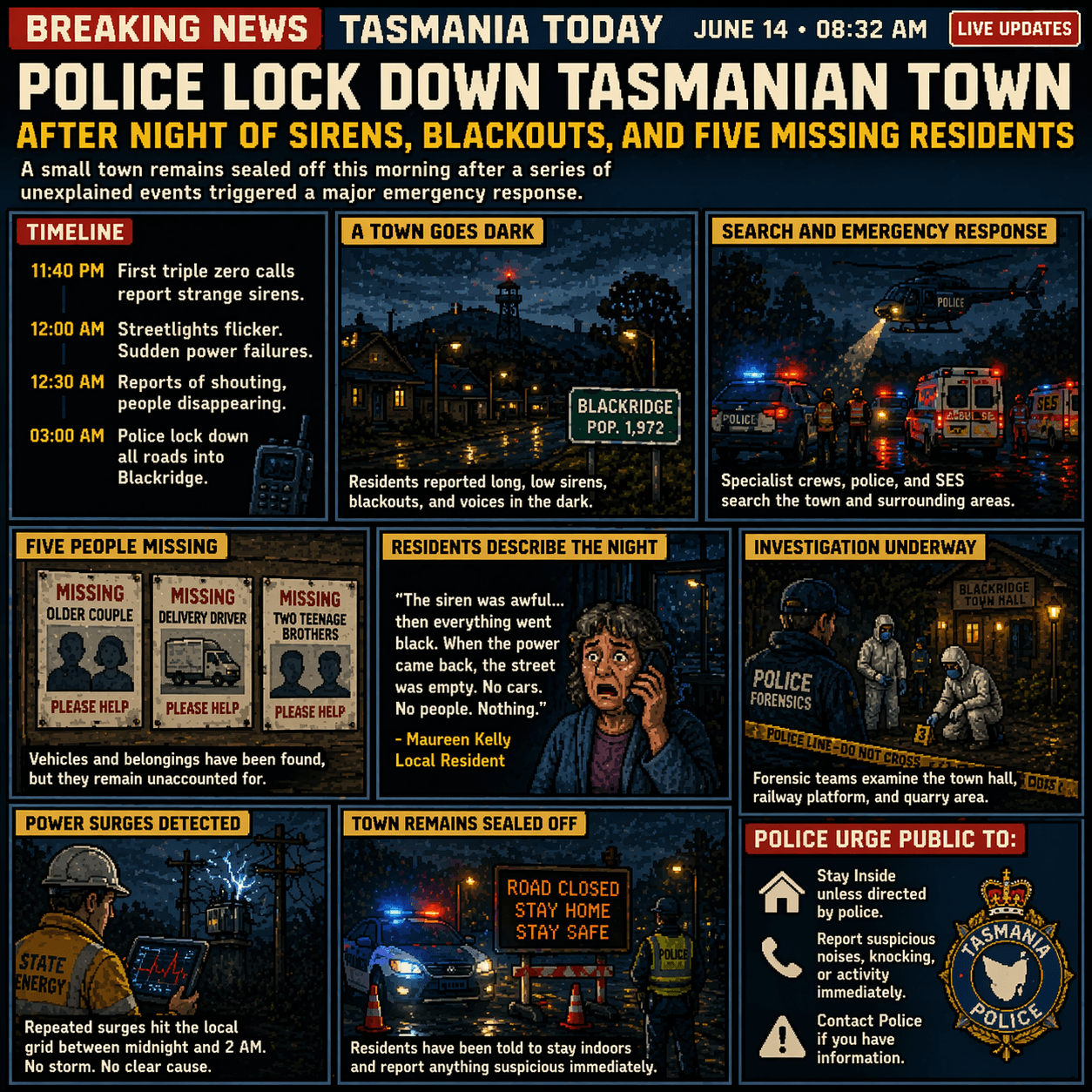 Police Lock Down Tasmanian Town After Night of Sirens, Blackouts, and Five Missing Residents